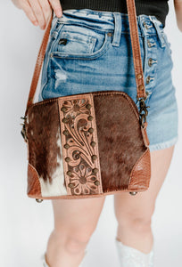 Cowhide and leather crossbody purse