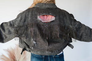 Cropped Charcoal Rhinestone Fringe Jacket