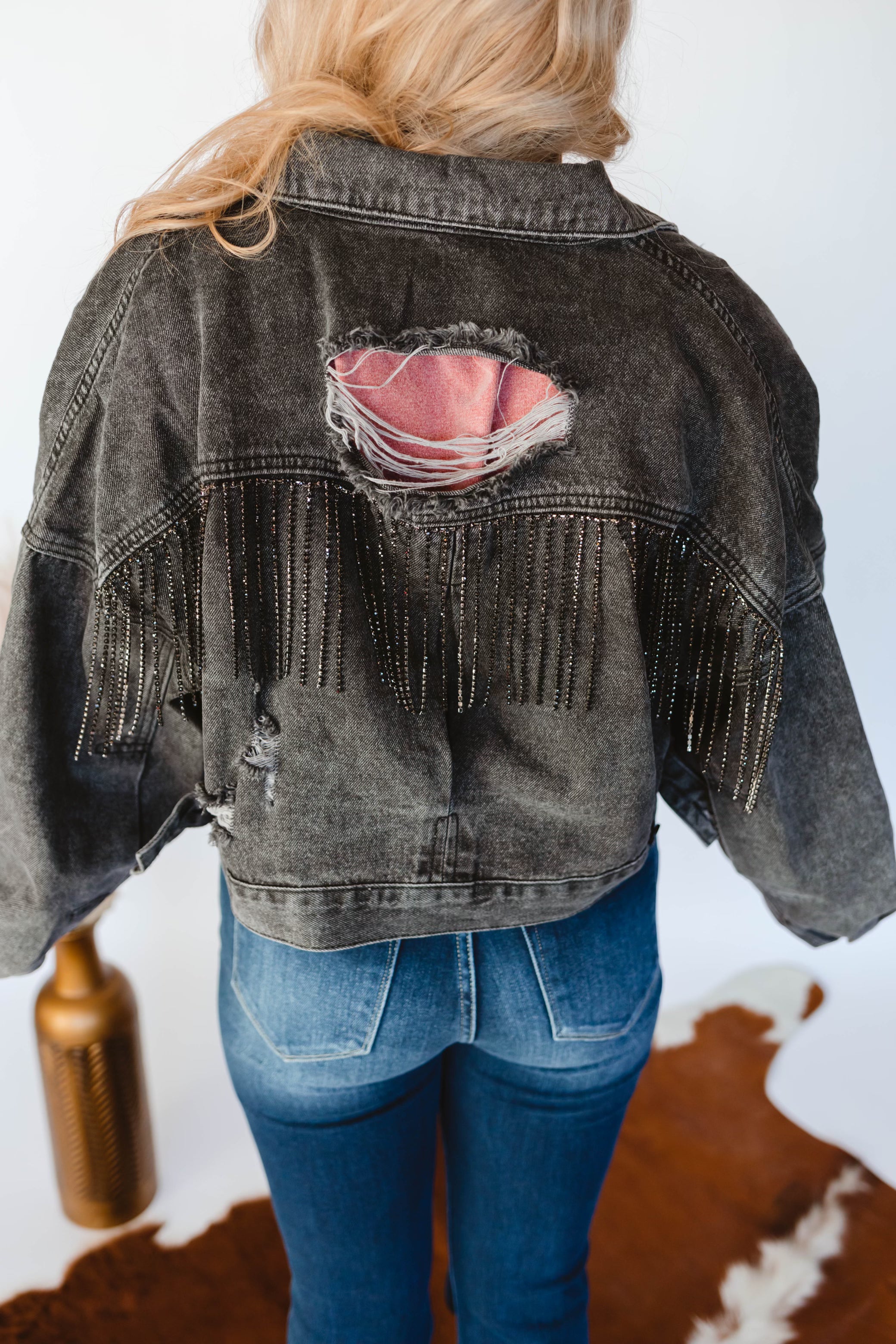 Cropped Charcoal Rhinestone Fringe Jacket